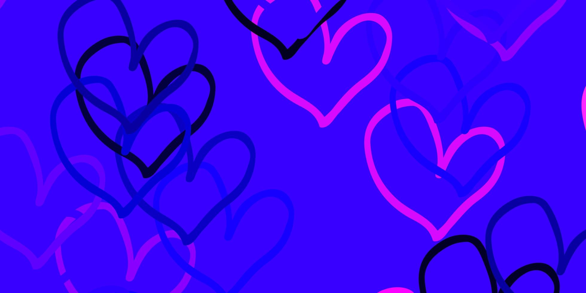 Fondo de vector violeta, rosa claro con corazones brillantes.