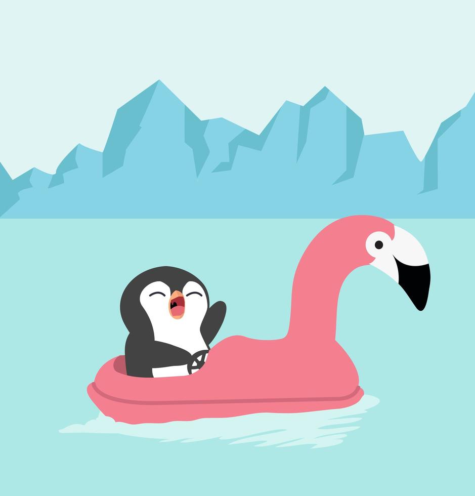 pingüino de dibujos animados montando un flotador flamenco vector