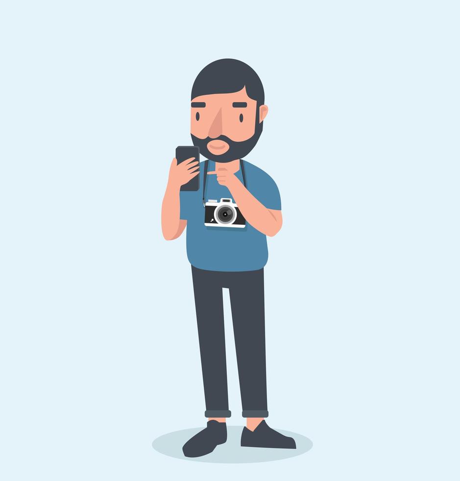 fotógrafo de dibujos animados sosteniendo un teléfono inteligente vector