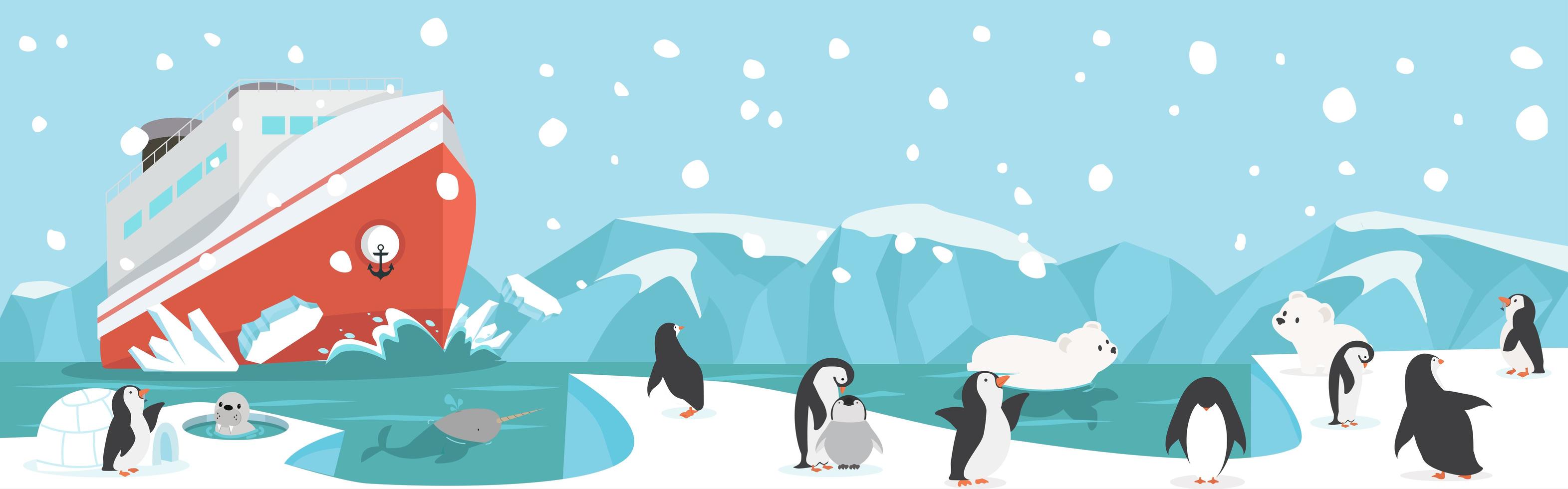 North Pole or Arctic winter with cuteanimals landscape background vector