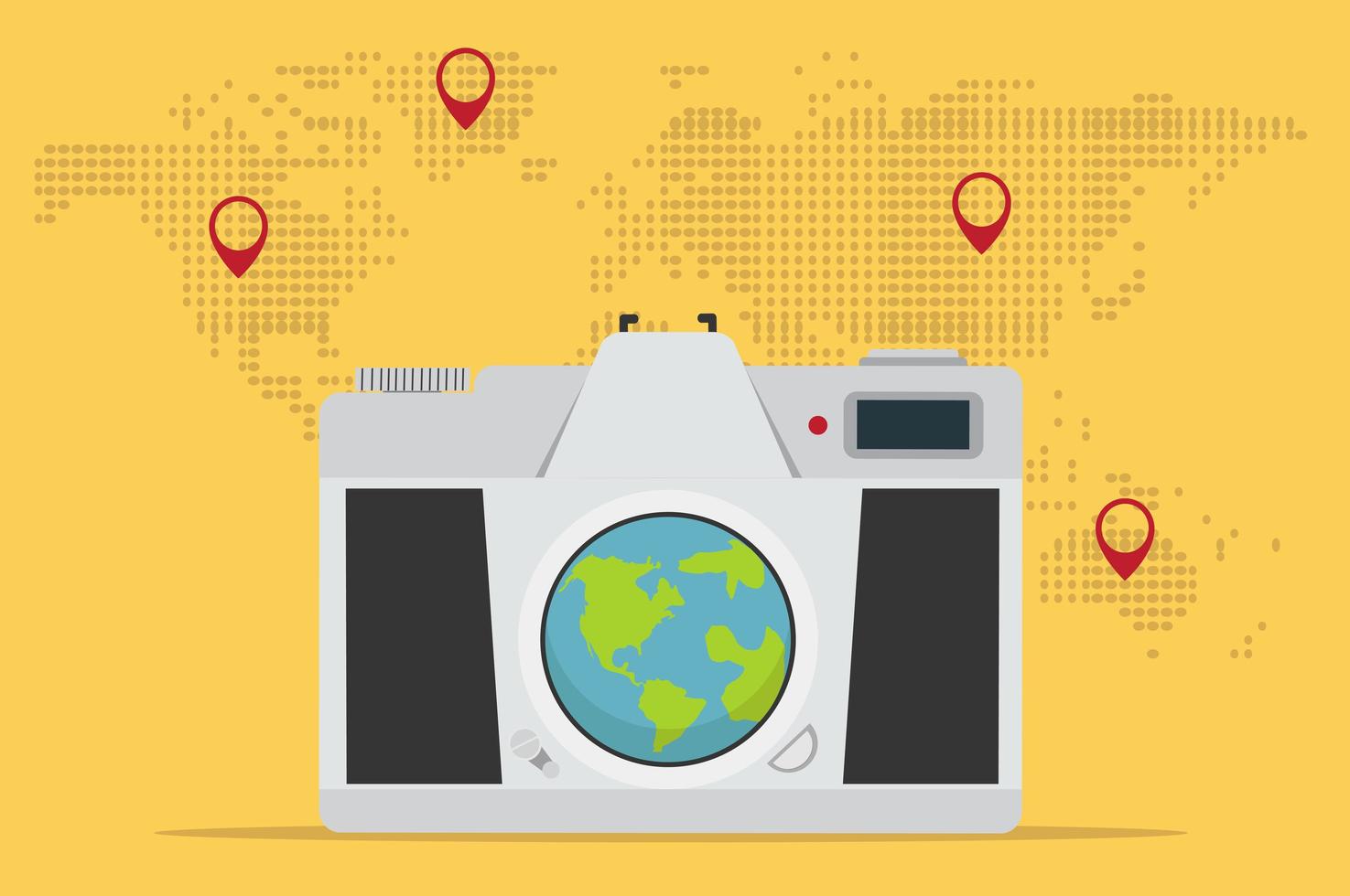 Retro camera with world map background vector