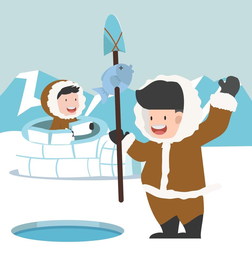 Eskimo fishing together vector