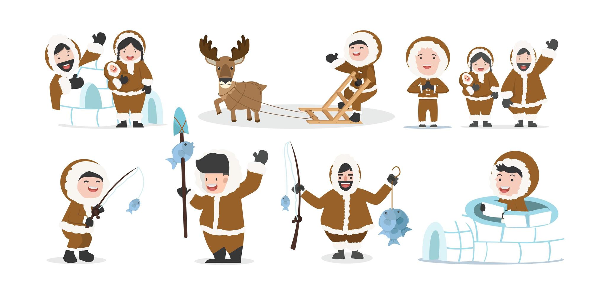 Cute eskimo people family set vector