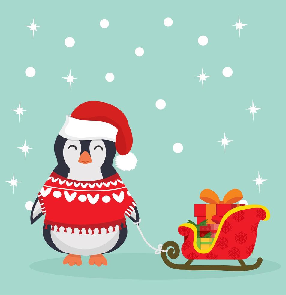 lindo pingüino navideño con trineo vector
