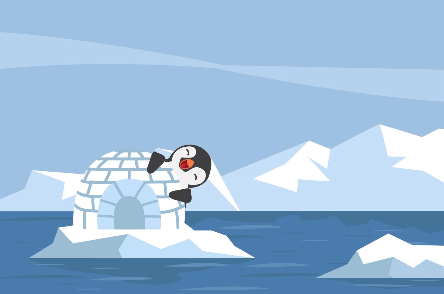 pingüino con casa de hielo iglú en el paisaje ártico vector