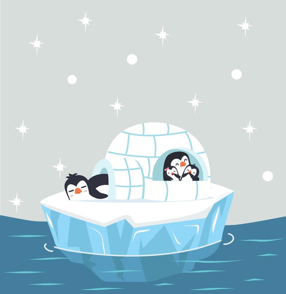 Penguin family sleeping in an igloo ice house vector