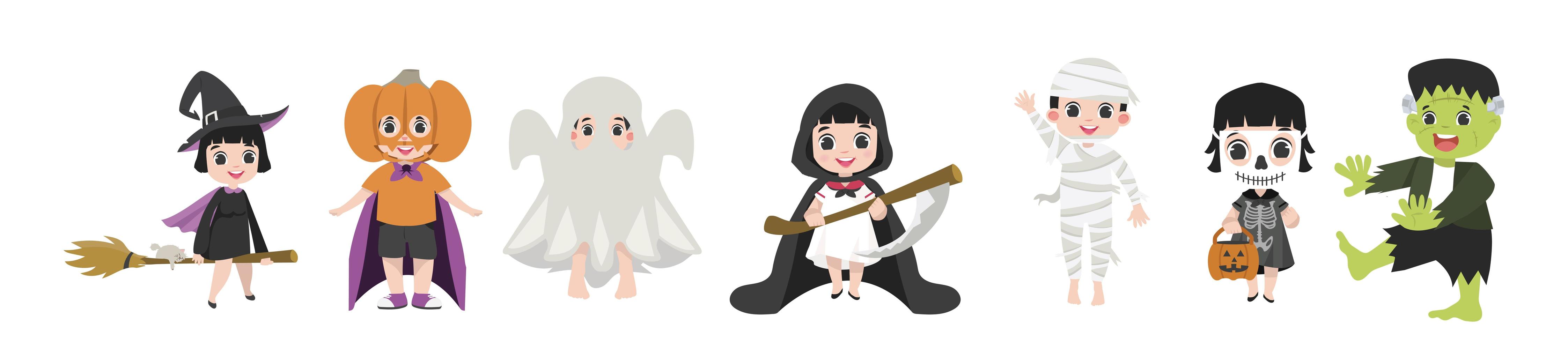 conjunto de niños divertidos disfrazados para halloween vector