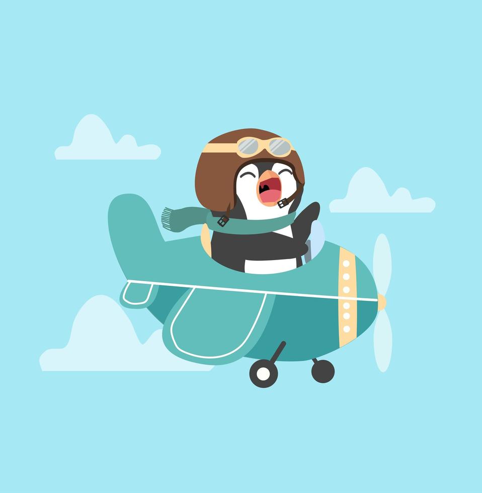 Cute pilot penguin flying a cartoon plane vector