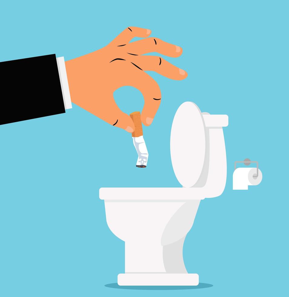 Hand throwing a cigarette in the toilet vector