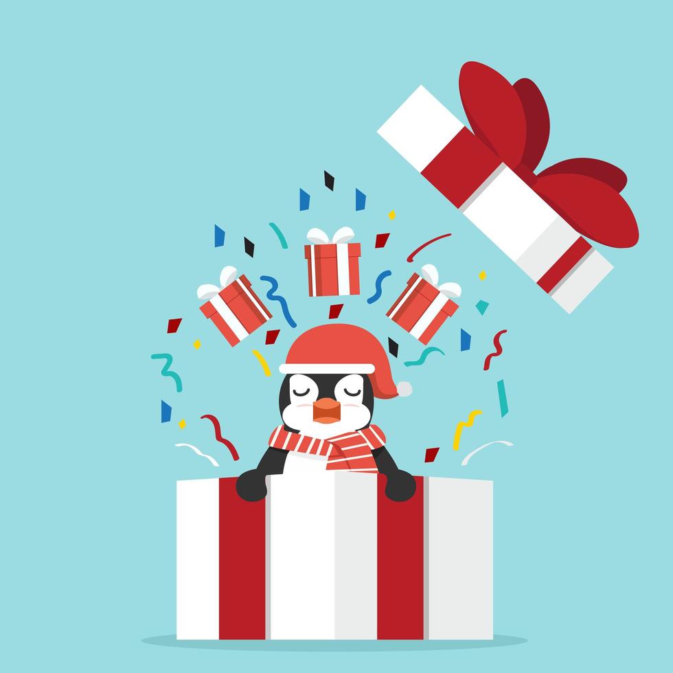 Funny penguin with gift box vector