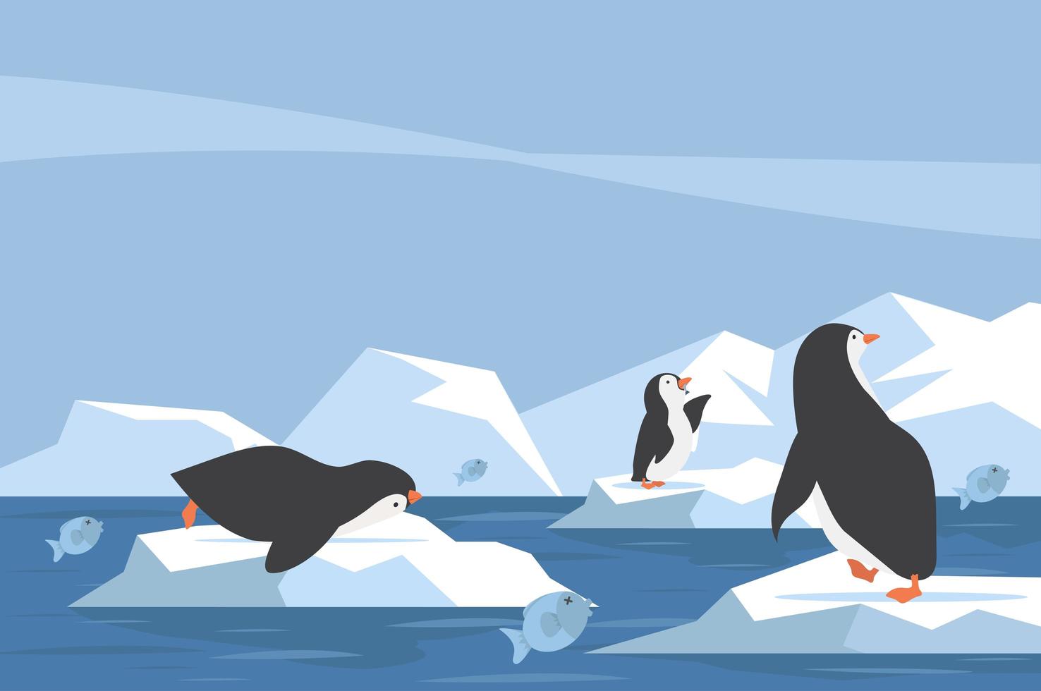 Cute penguins on icebergs with fish vector