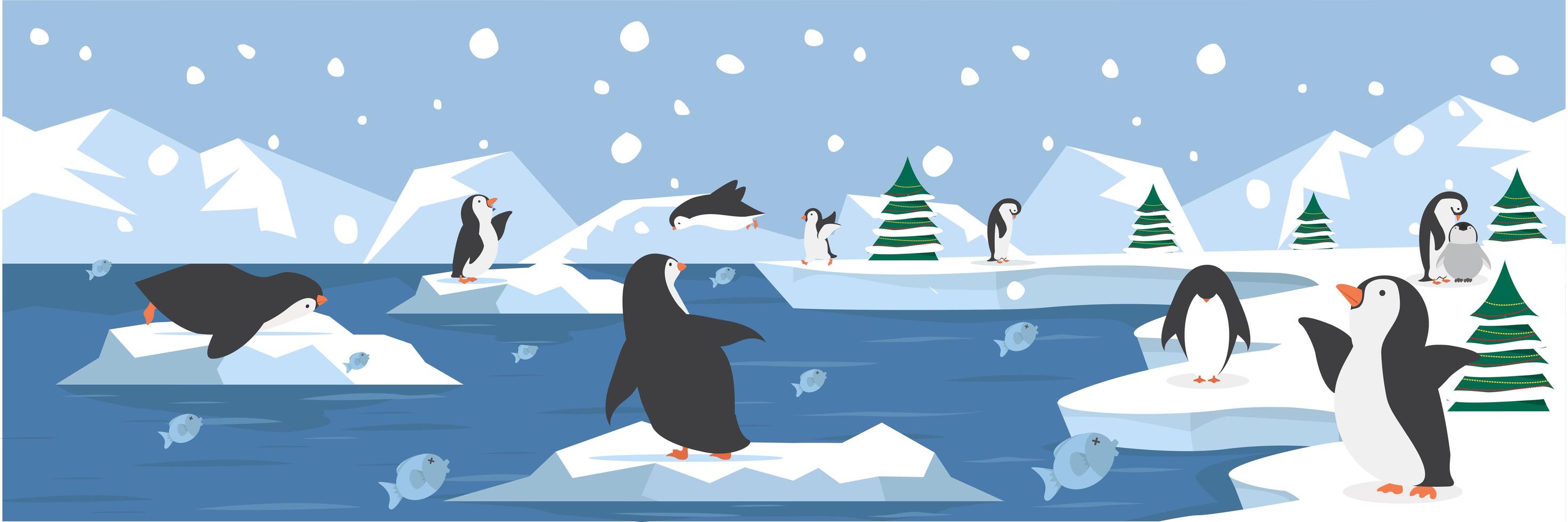 paisaje del polo norte con lindos pingüinos vector