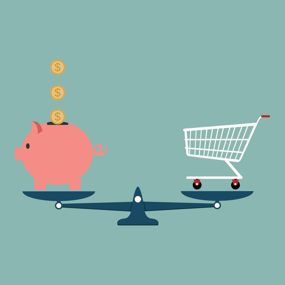 Piggy bank with shopping cart on a weighing scale vector