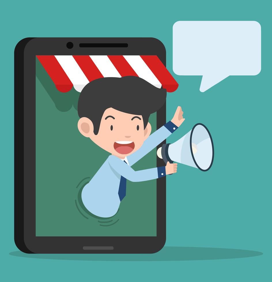 businessman speaking on the megaphone, online store concept vector