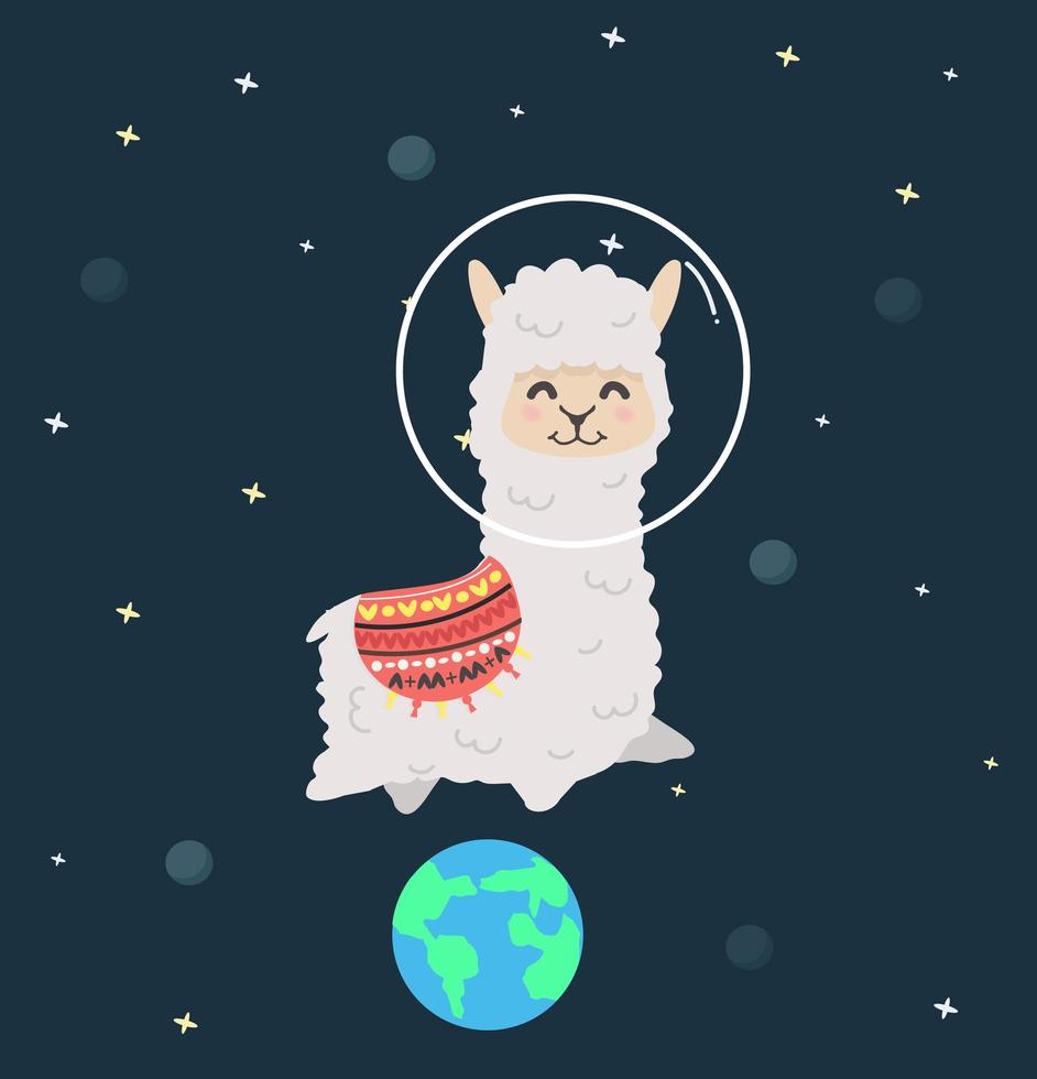 Cute astronaut llama flying in the outerspace vector