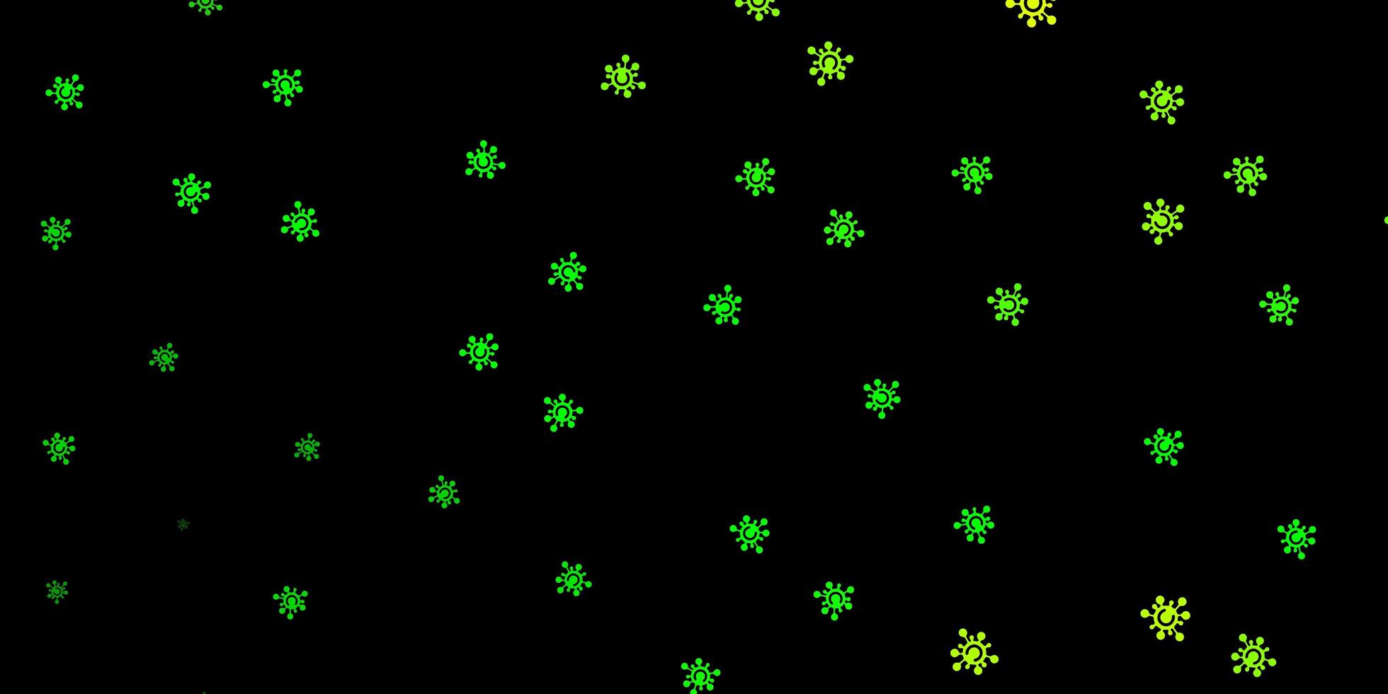 Fondo de vector verde oscuro, amarillo con símbolos de virus.