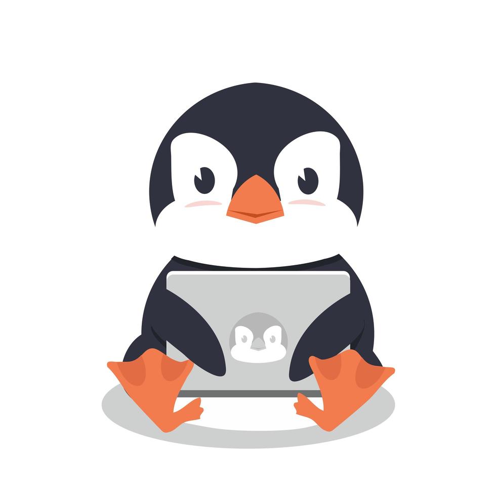 pingüino sentado con una computadora portátil vector