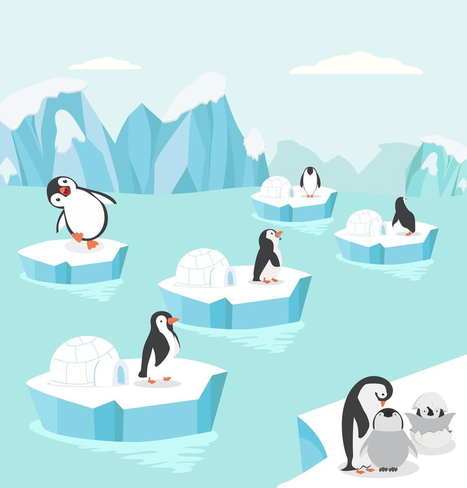 pingüinos en el fondo ártico vector