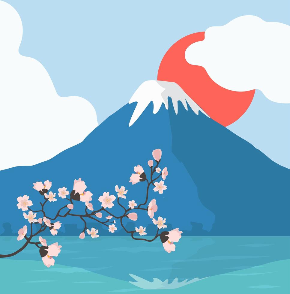 rama de flores de cerezo y fondo del monte fuji vector