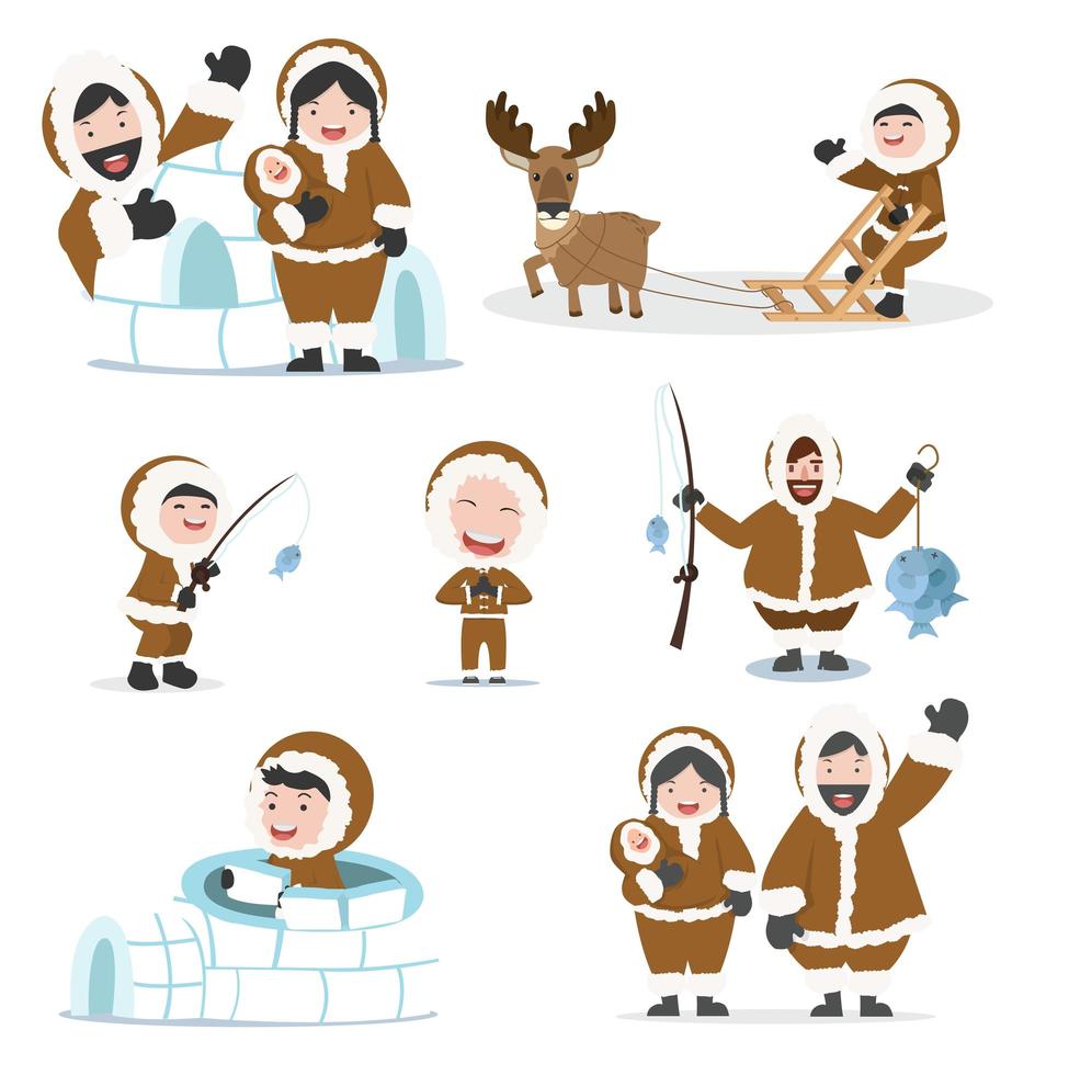 Cute eskimo people family set vector