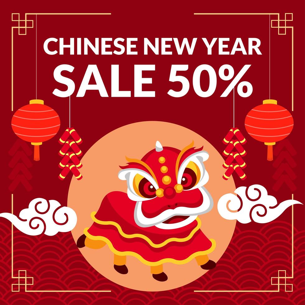 CNY Theme With Lion Dance Lantern and Clouds vector