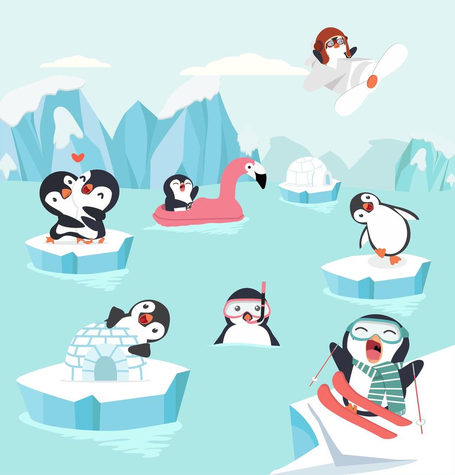 Penguins doing outdoors activities vector