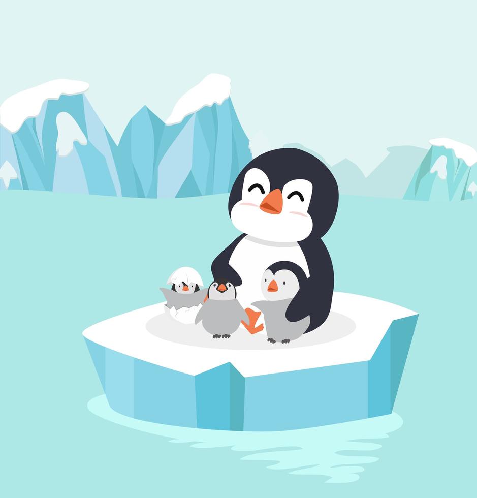 Penguin with cute babies vector