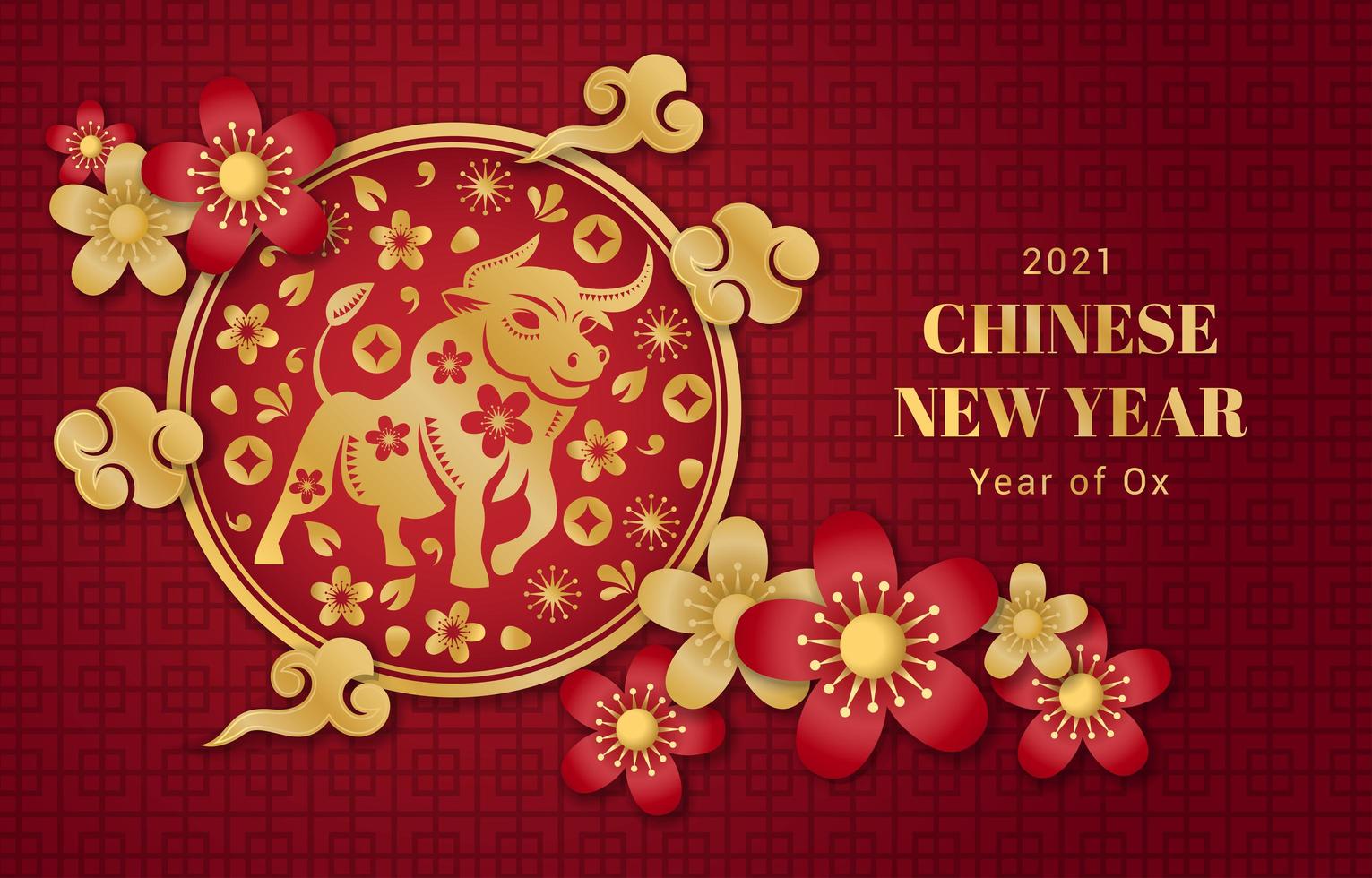 Year of Ox Red Gold Background with Oriental Ornaments vector