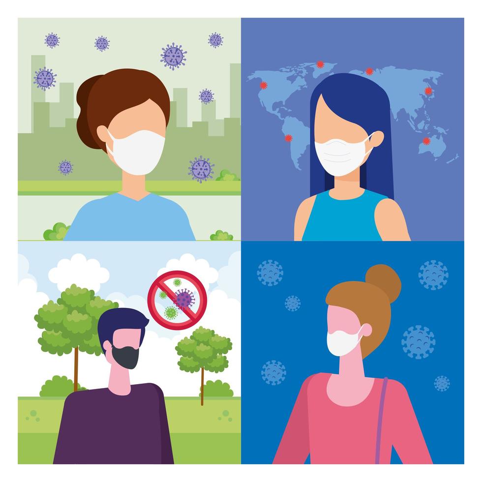 set scenes of people using face mask with particles covid 19 vector