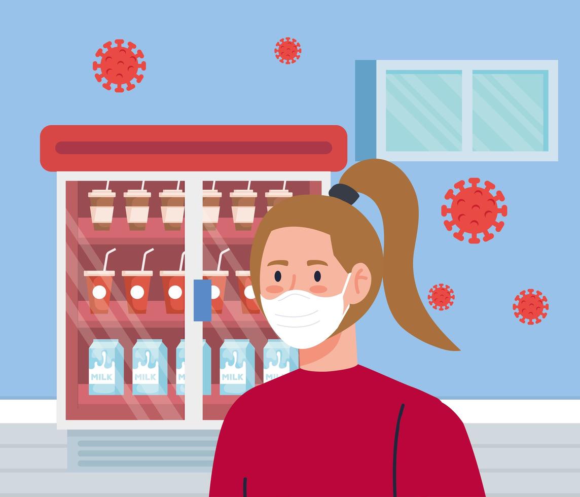 woman using face mask in supermarket with particles covid 19 vector