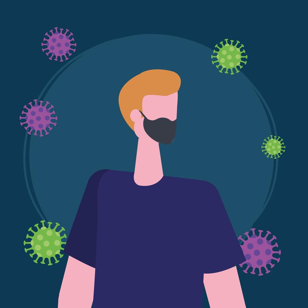young man using face mask with particles covid 19 vector