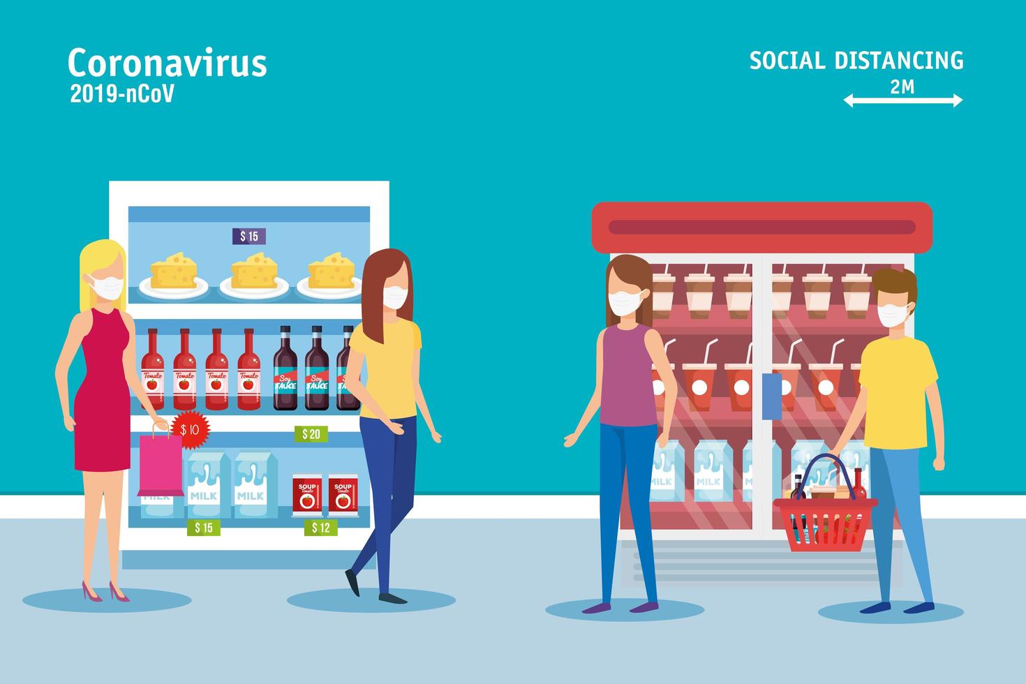 campaign of social distancing for covid 19 in supermarket vector