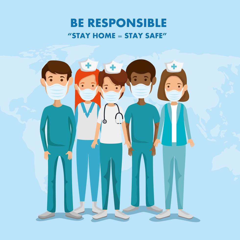 campaign of be responsible stay at home with medical staff vector