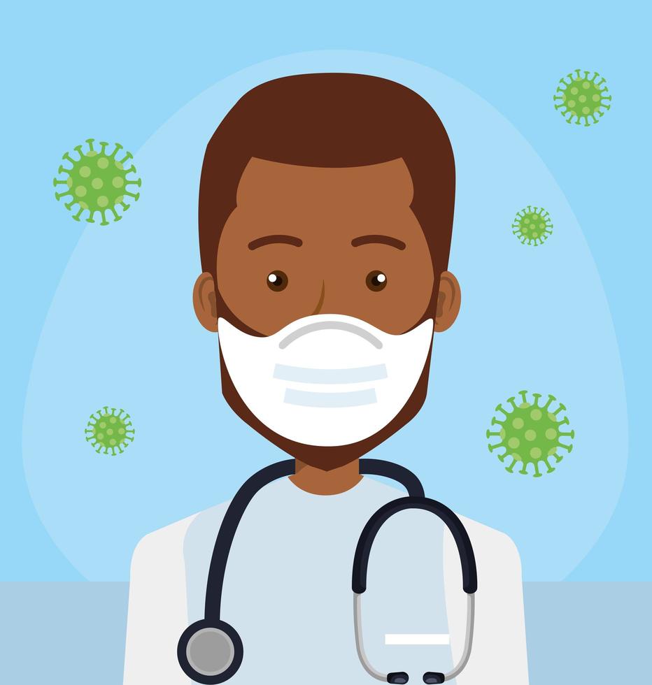 doctor using face mask with particles covid 19 vector