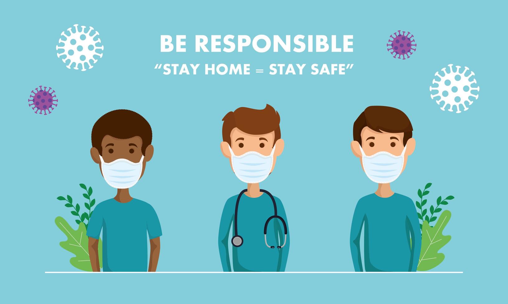 Campaña de ser responsable quedarse en casa con paramédicos usando mascarilla vector