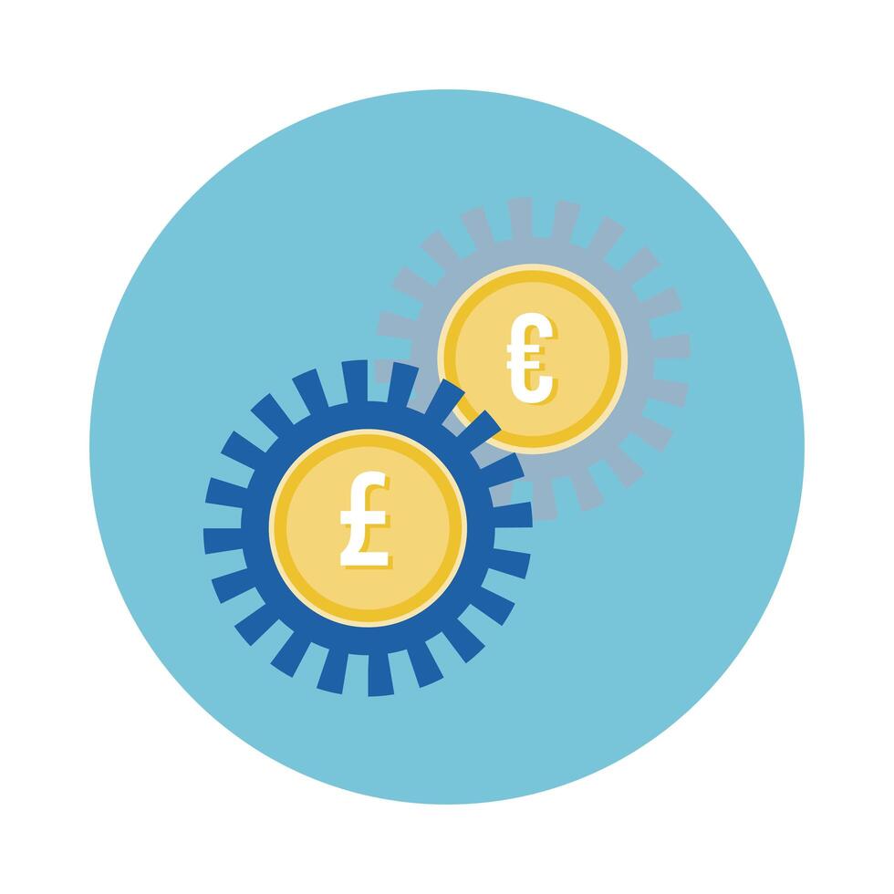 Euro and sterling pounds coins gears block style vector