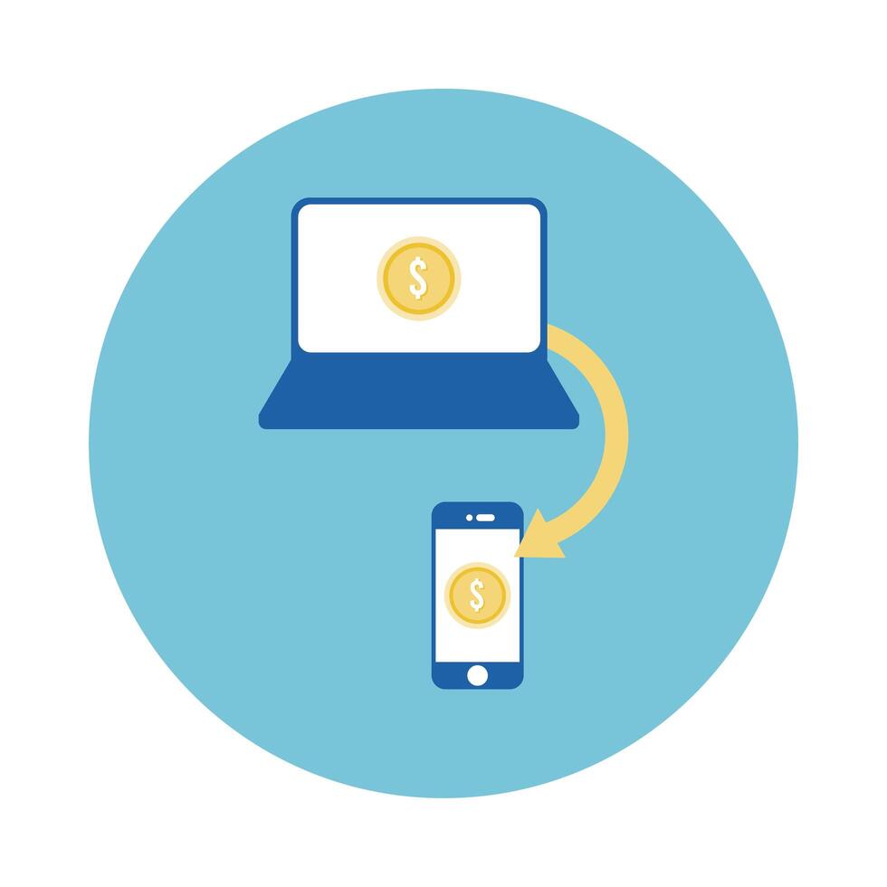 laptop and smartphone with coins block style icon vector