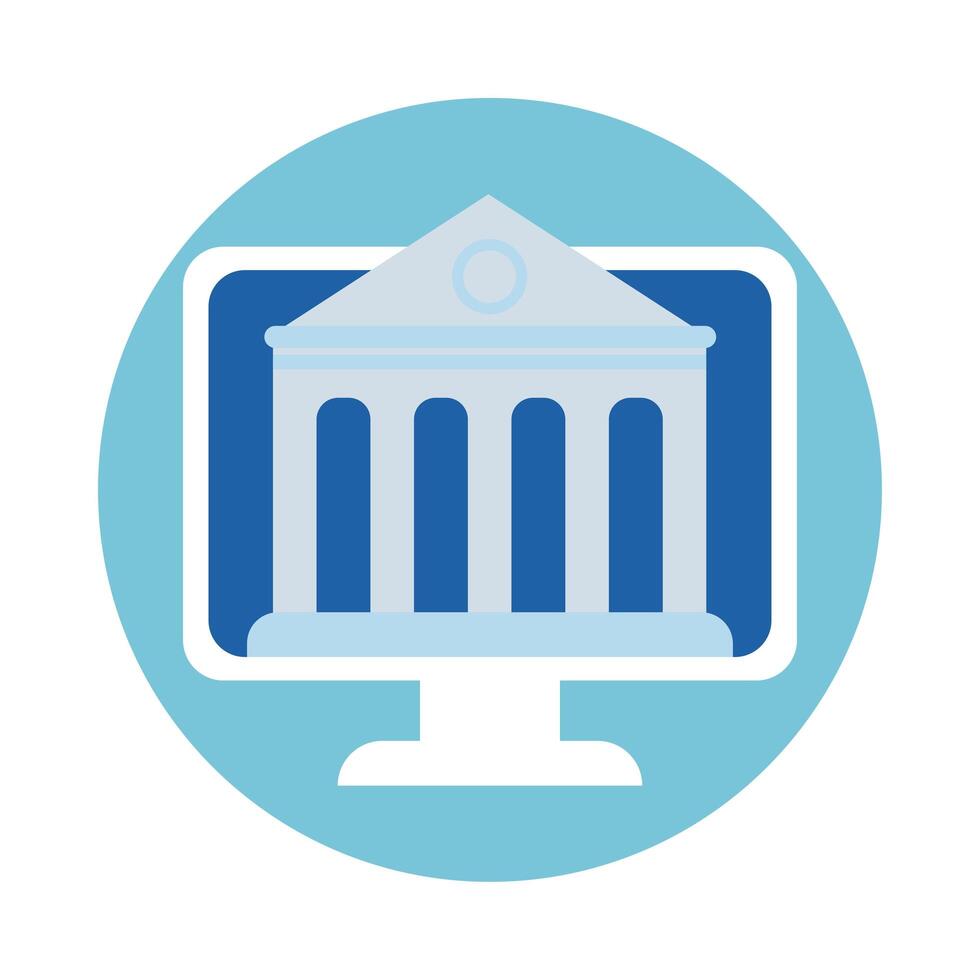 desktop with bank building block style icon vector