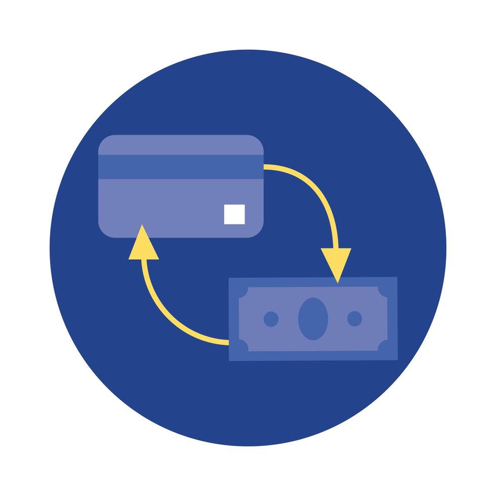 tarjeta de crédito con bloque de billete de dólar e icono de estilo plano vector