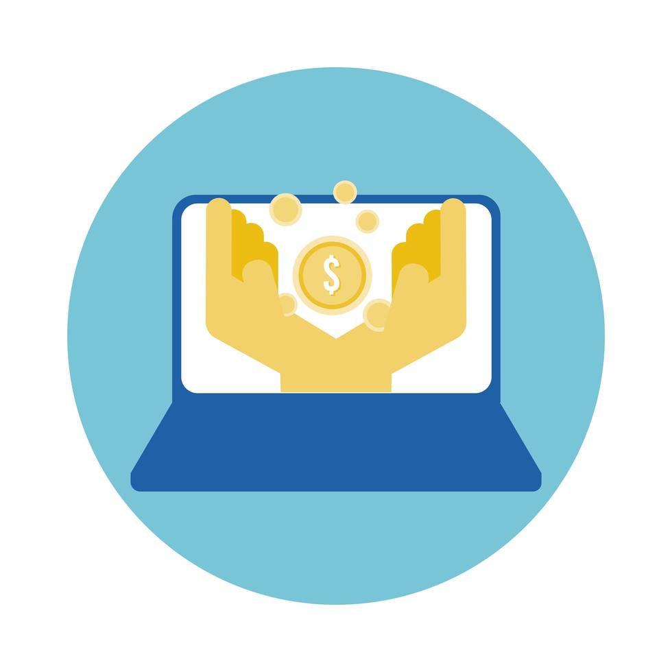 laptop with hands lifting coin block style icon vector