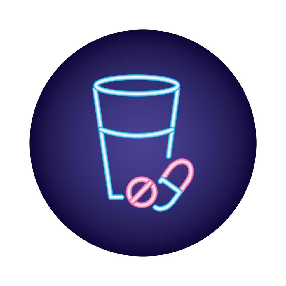 pill and capsule with glass cup neon style vector