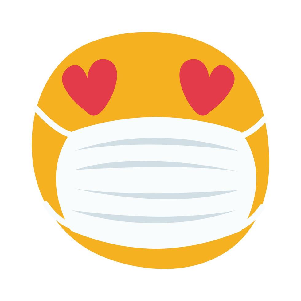 emoji wearing medical mask with hearts hand draw style vector