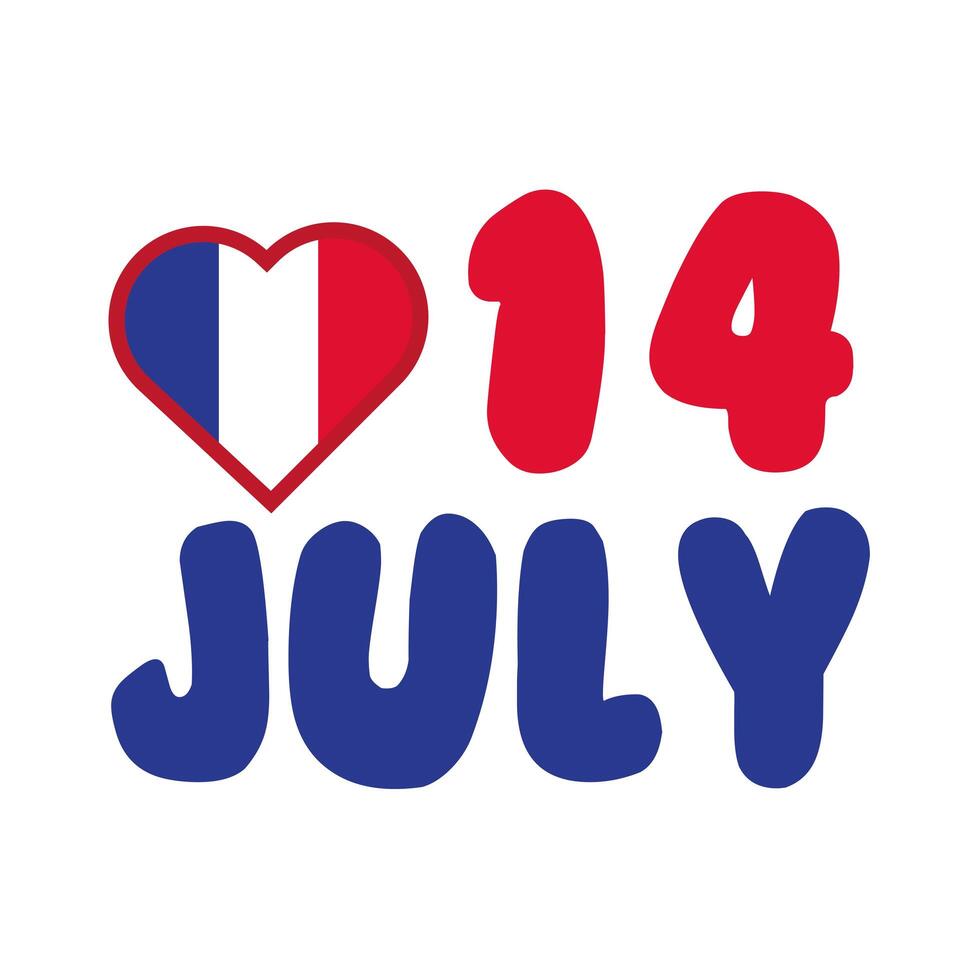 france flag in heart with 14 july hand draw style vector