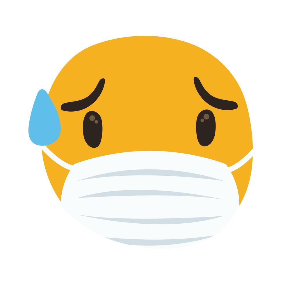 emoji wearing medical mask sweating hand draw style vector