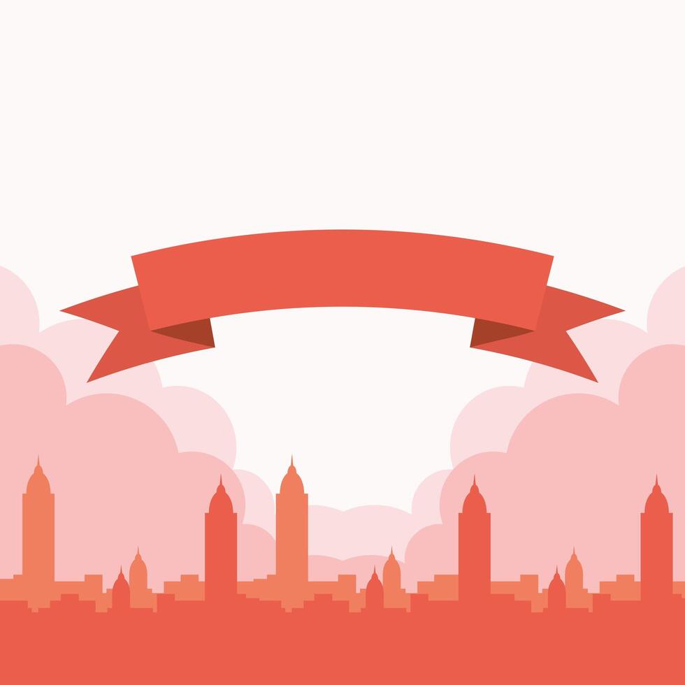Red city silhouette with ribbon vector design