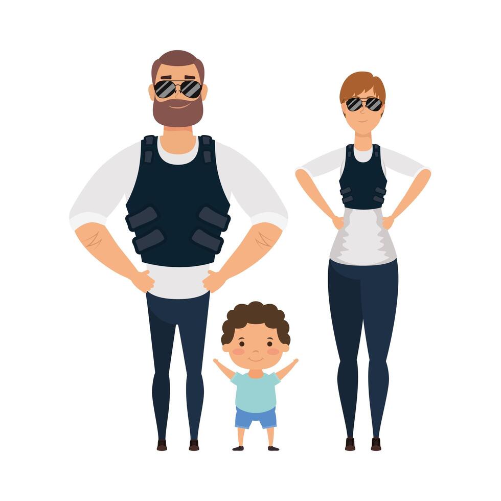 madre, padre e hijo, con, chaquetas antibalas, vector, diseño vector