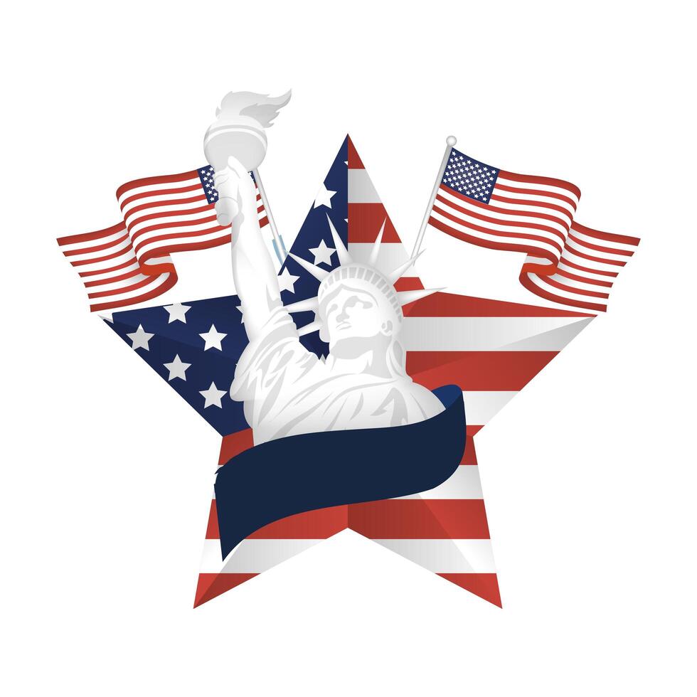 Usa flags and liberty statue inside star vector design