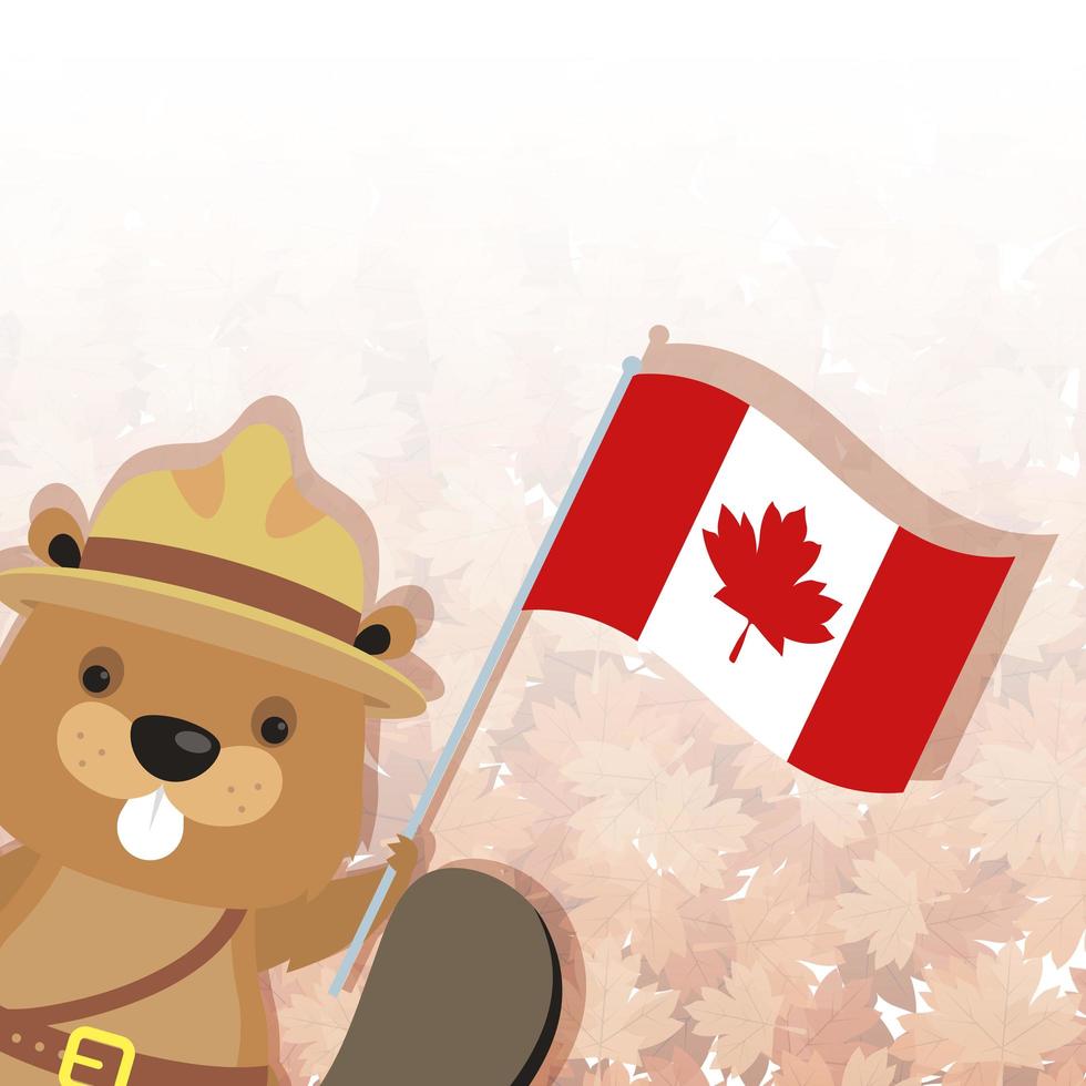 Castor canadiense con sombrero y bandera de Canadá vector