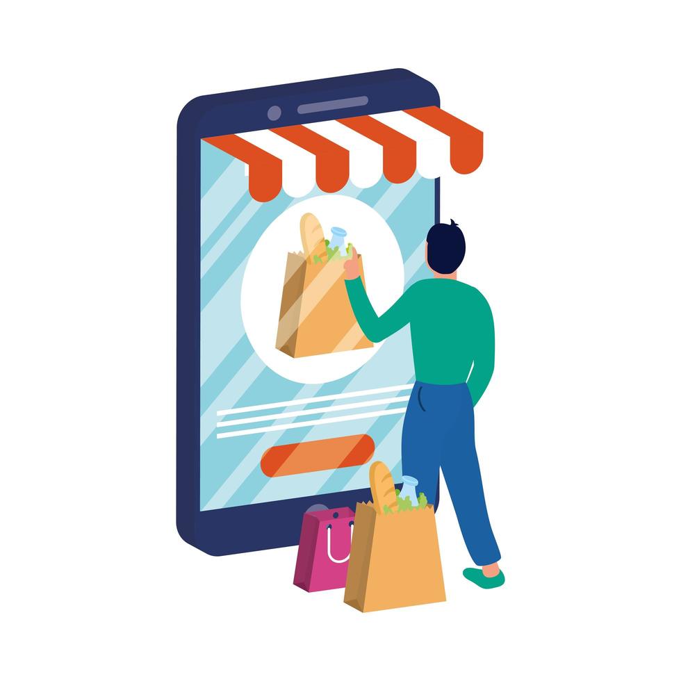 online ecommerce with smartphone and man with shopping bags vector