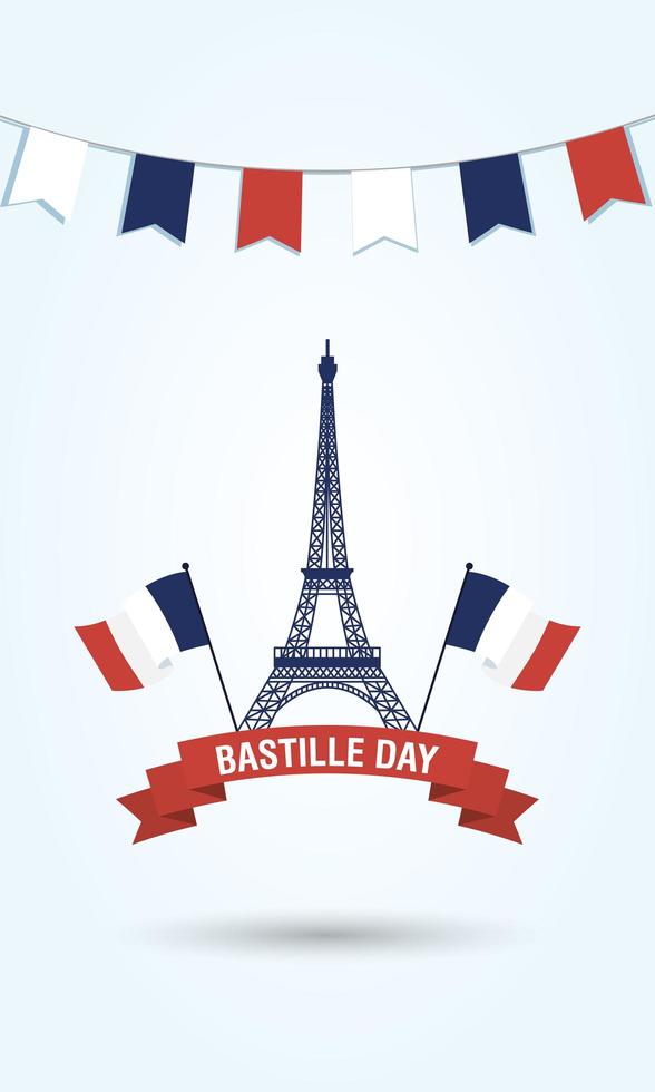 Torre Eiffel con banderas de Francia y diseño vectorial de cinta vector